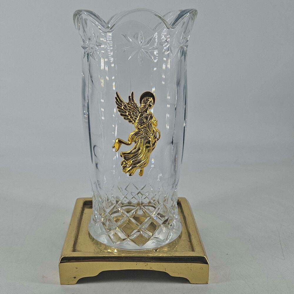 Teleflora Fine Bohemian Lead Crystal Angel Candle Chimney hurricane w brass base